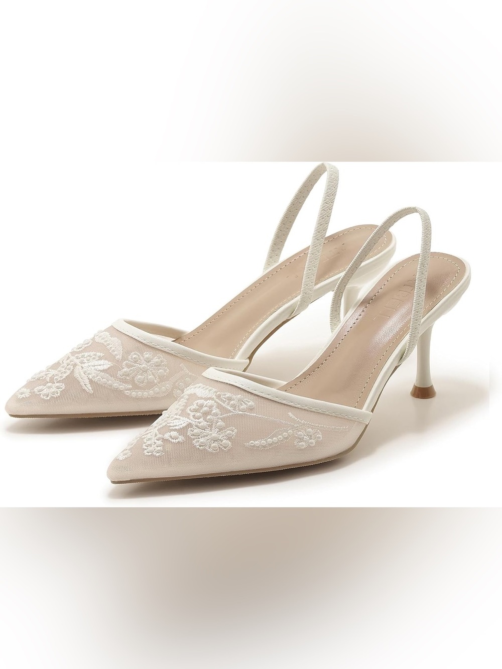 Embroidered Mesh Slingback Heels Women White Pearl Kitten Heel Pumps Pointed Toe